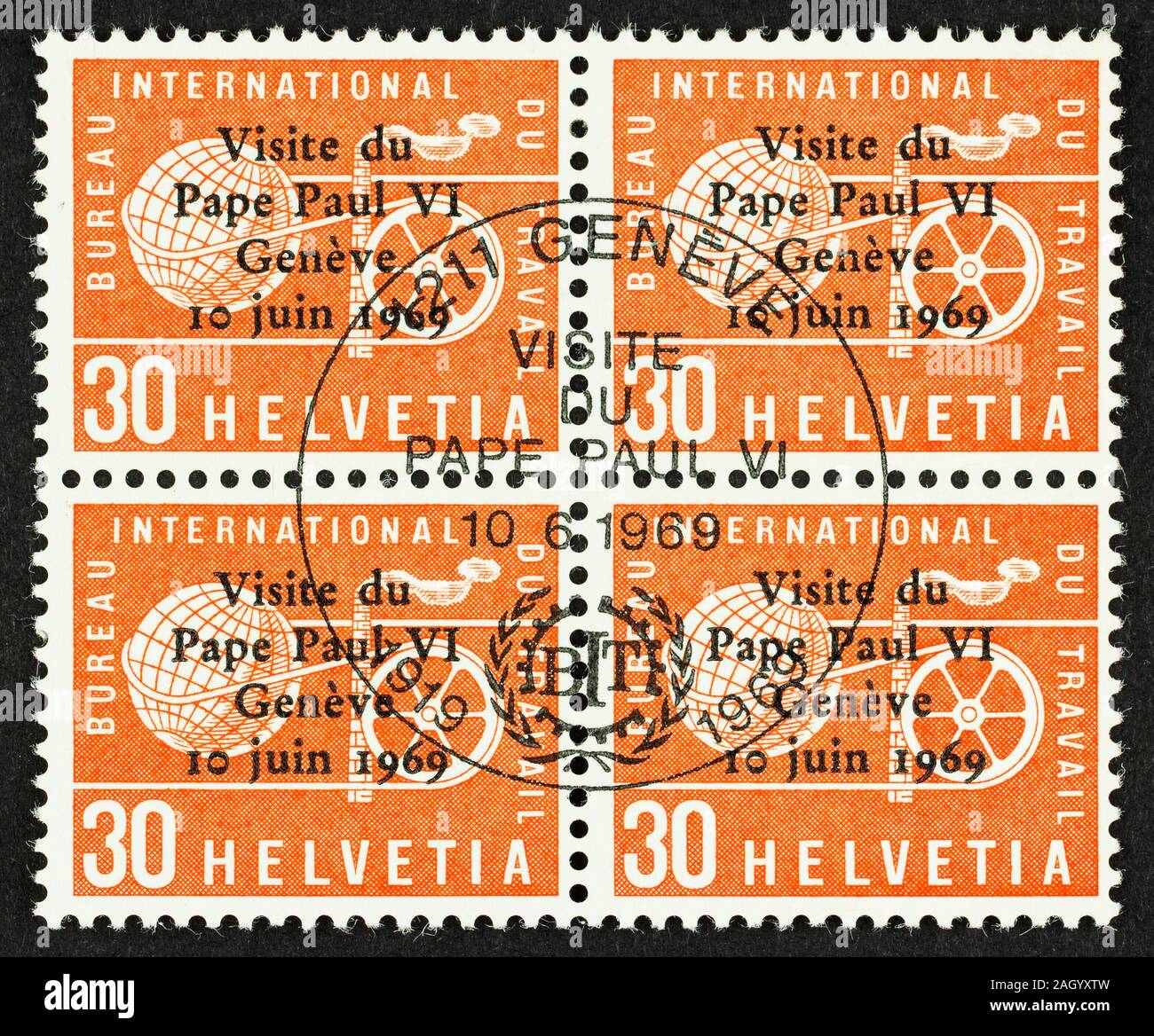 Close up of block of 4 postage stamps issued in 1969