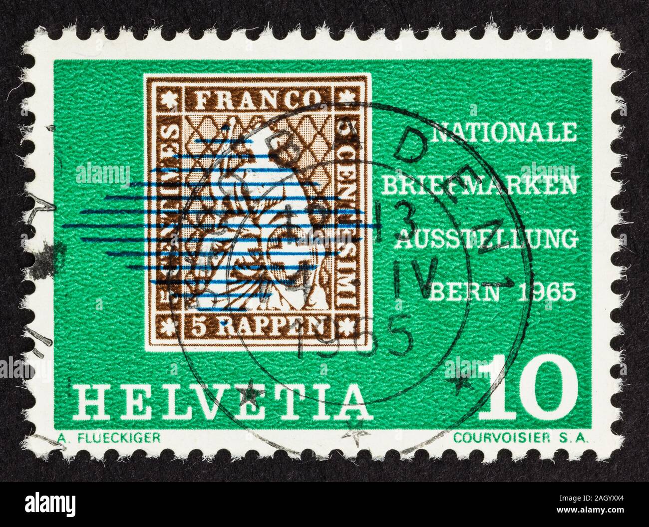 Close up of green Swiss Stamp featuring an historic 5 rappen stamp on a 10 centime stamp issued in 1965. Sc# 463 Stock Photo