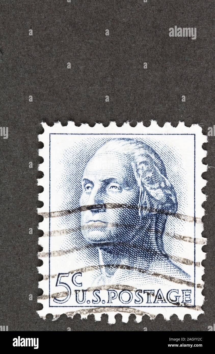 Blue 5 cent USA postage featuring George Washington, a Regular definitive  issue stamp  of 1961 - 66. Scott # 1213 Stock Photo