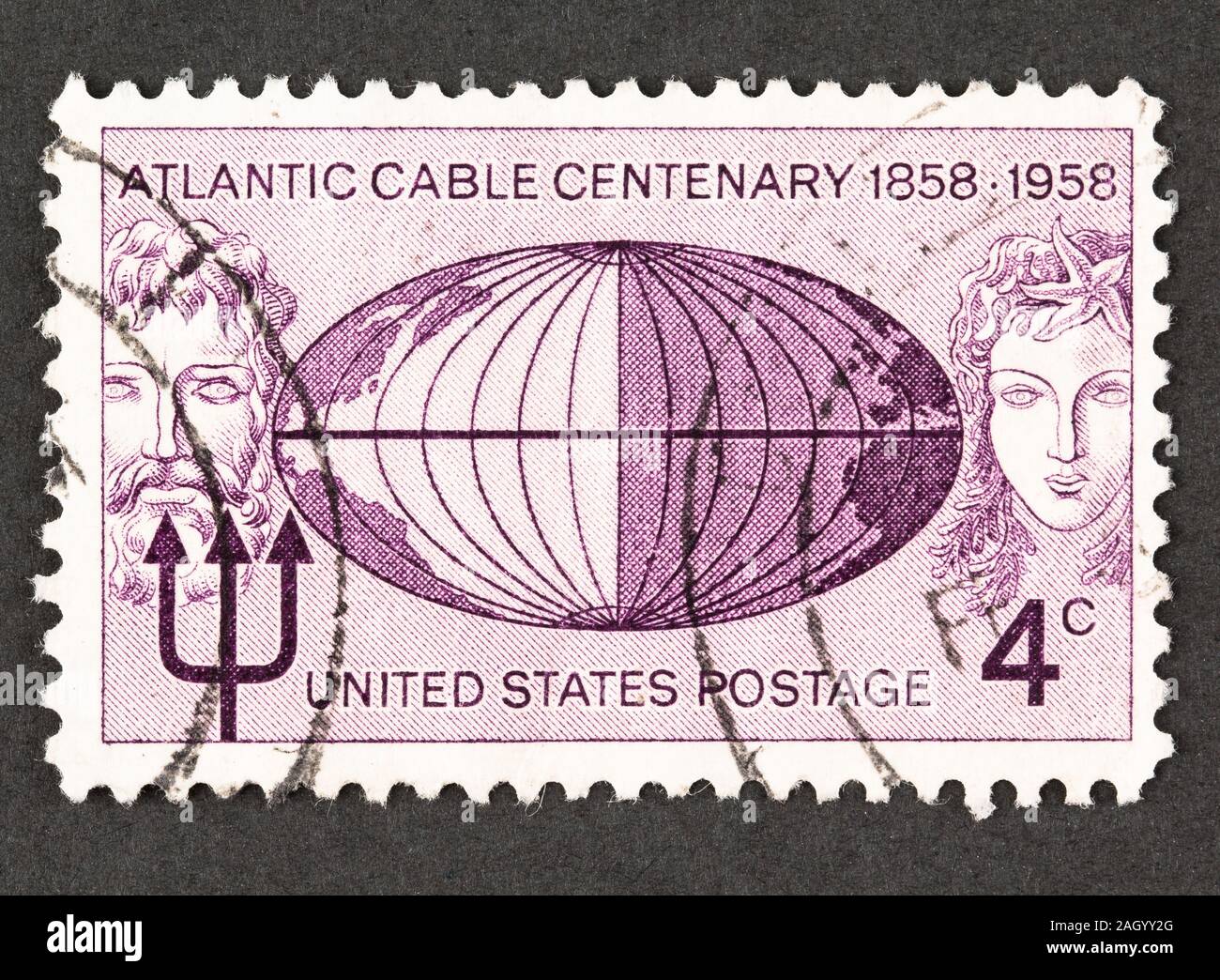 American 4 cent stamp commemorating the Atlantic Cable Centenary featuring Neptune, a mermaid and a globe. A rotary press printing issued in 1958. Stock Photo