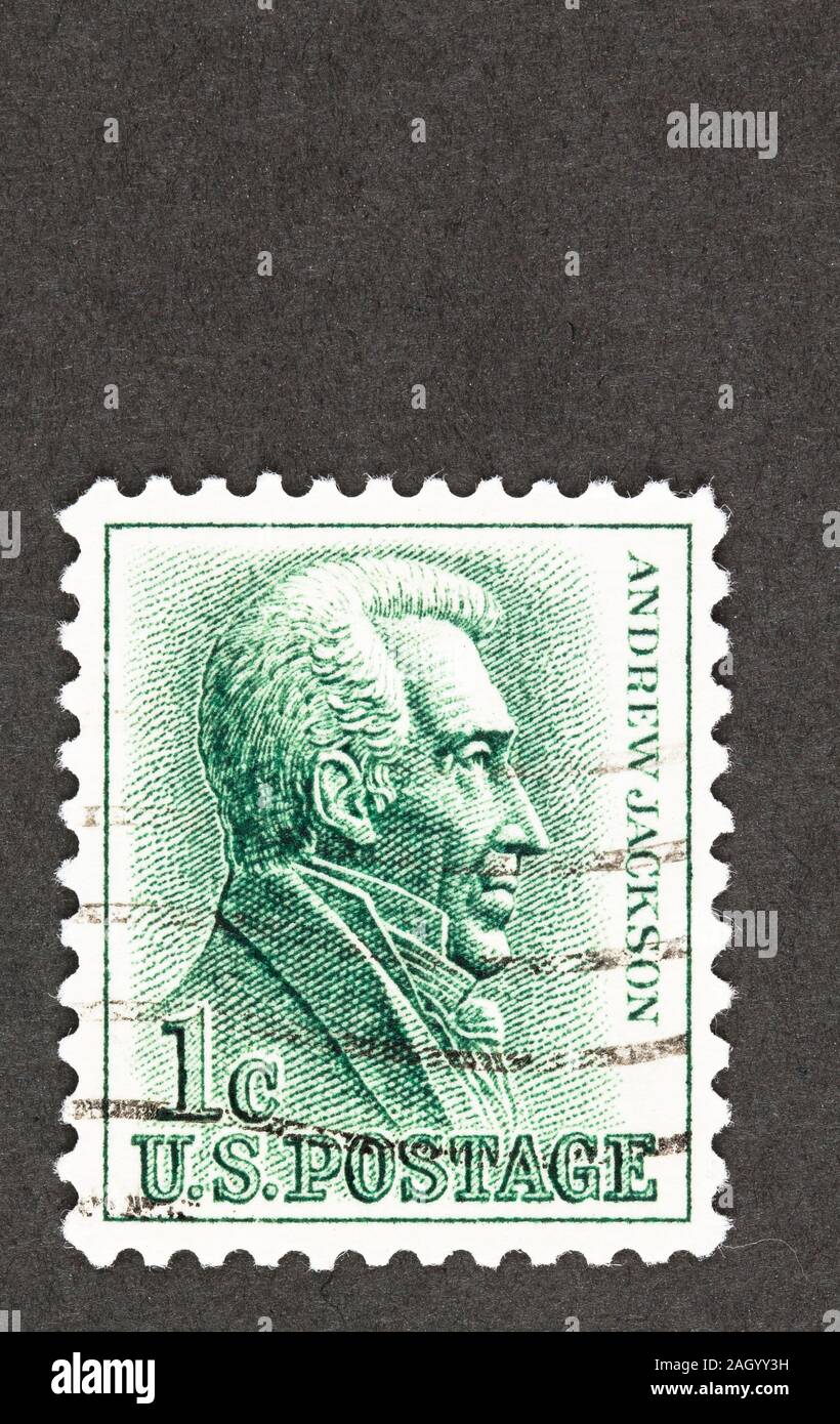 Green 1 cent USA postage featuring the 7th President Andrew Jackson, a