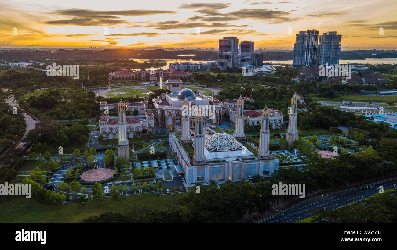 Beautiful aerial landscape at The Kota Iskandar Mosque during surise located at Kota Iskandar, Iskandar Puteri, Johor Malaysia Stock Photo