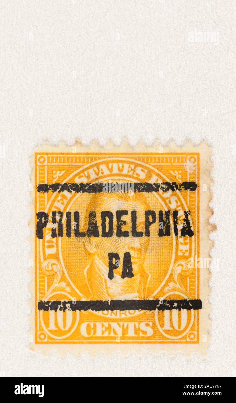 10 cent postage stamp of the 5th president of the United states, James Monroe, pre-cancelled with Philadelphia PA Stock Photo