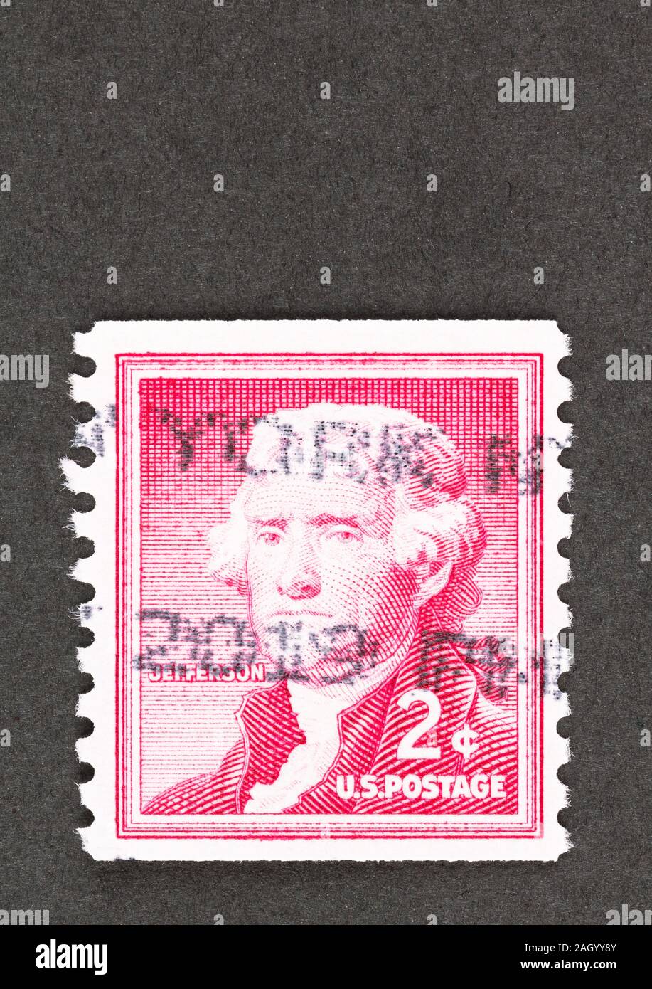 USA coil postage stamp with former president Thomas Jefferson on red two cent definitive stamp from the Liberty Issue series Stock Photo