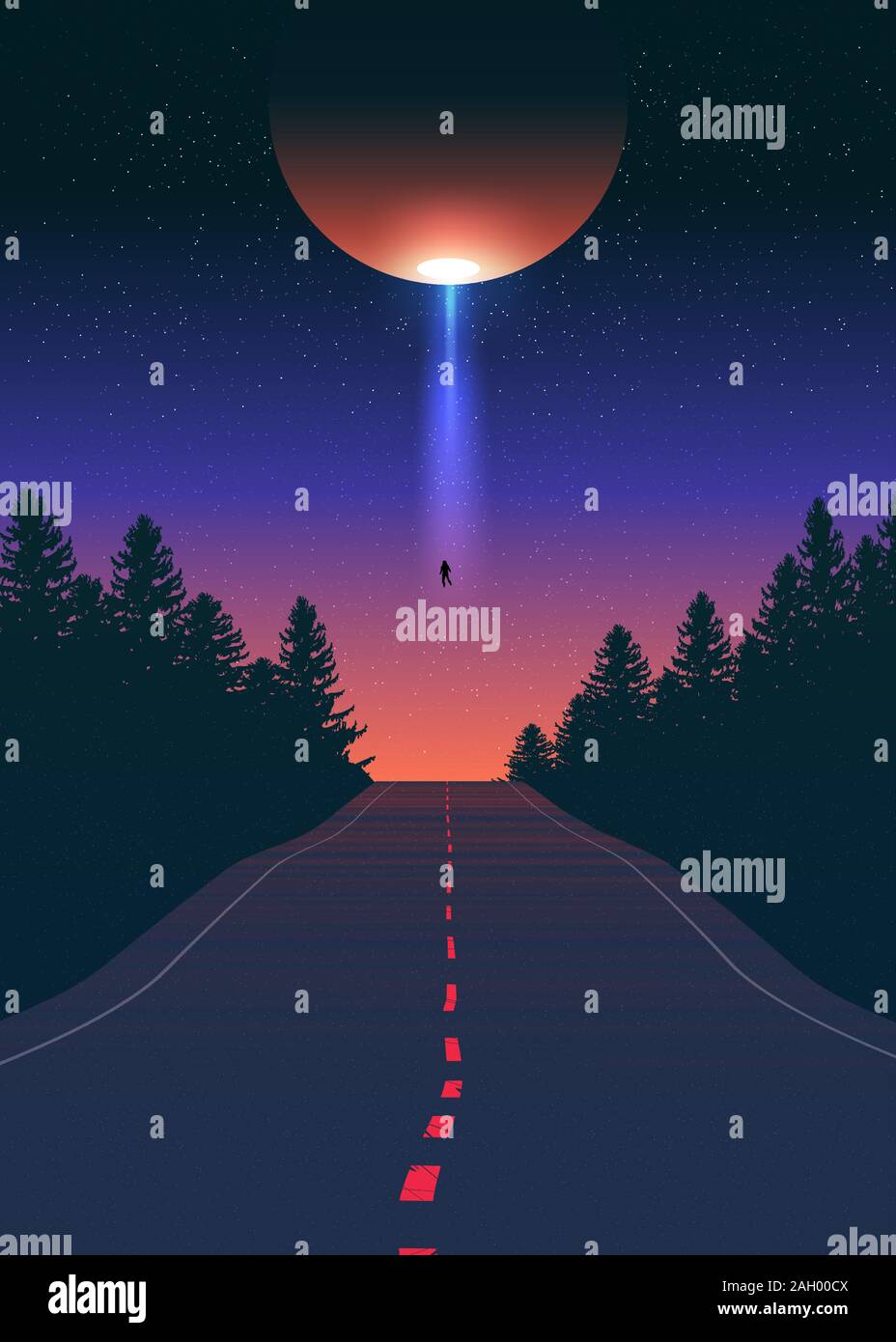 An imagery illustration of the alien ship abducting one man from the road during night time. Stock Vector