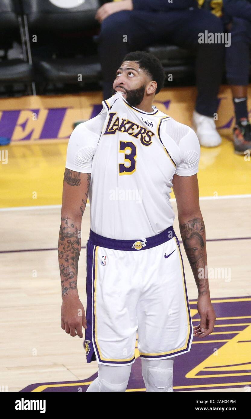 Los Angeles, California, USA. 22nd Dec, 2019. Los Angeles Lakers' Anthony  Davis (3) reacts during an NBA basketball game between Los Angeles Lakers  and Denver Nuggets, Sunday, December 22, 2019, in Los