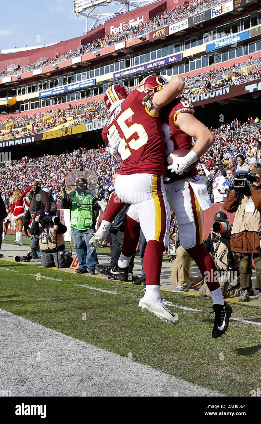 Landover, MD, USA. 22nd Dec, 2019. Washington Redskins TE (88) Hale Hentges  celebrates his touchdown with Washington Redskins RB (45) Michael Burton  during a NFL football game between the Washington Redskins and