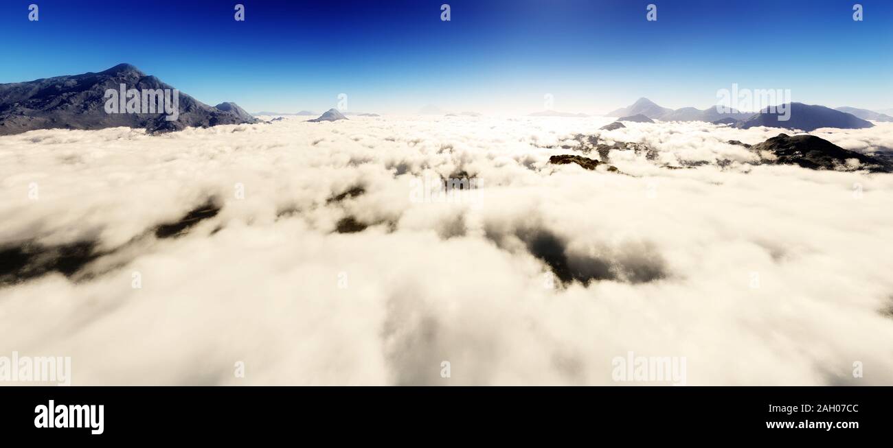 Colorful panoramic landscape: blue sky and fluffy clouds.  (Plane backplate, 3D rendering computer digitally generated illustration.) Stock Photo