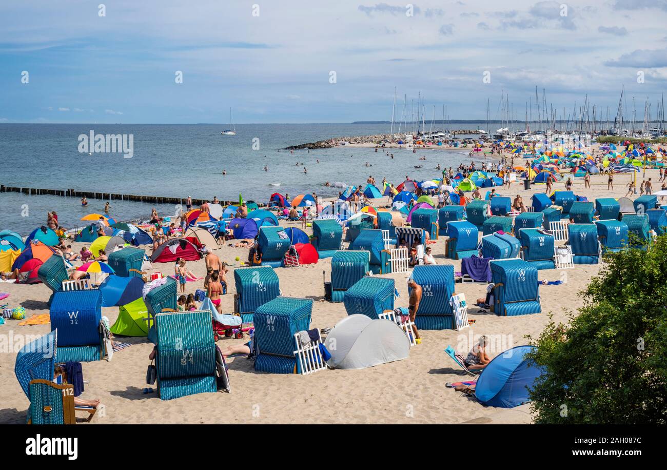 hooded beach chairs (Strandkörbe) on the beach of the Baltic Seaside ...