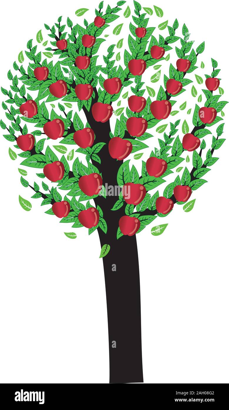 Abstract tree with green leaves and red apples. Stock Vector