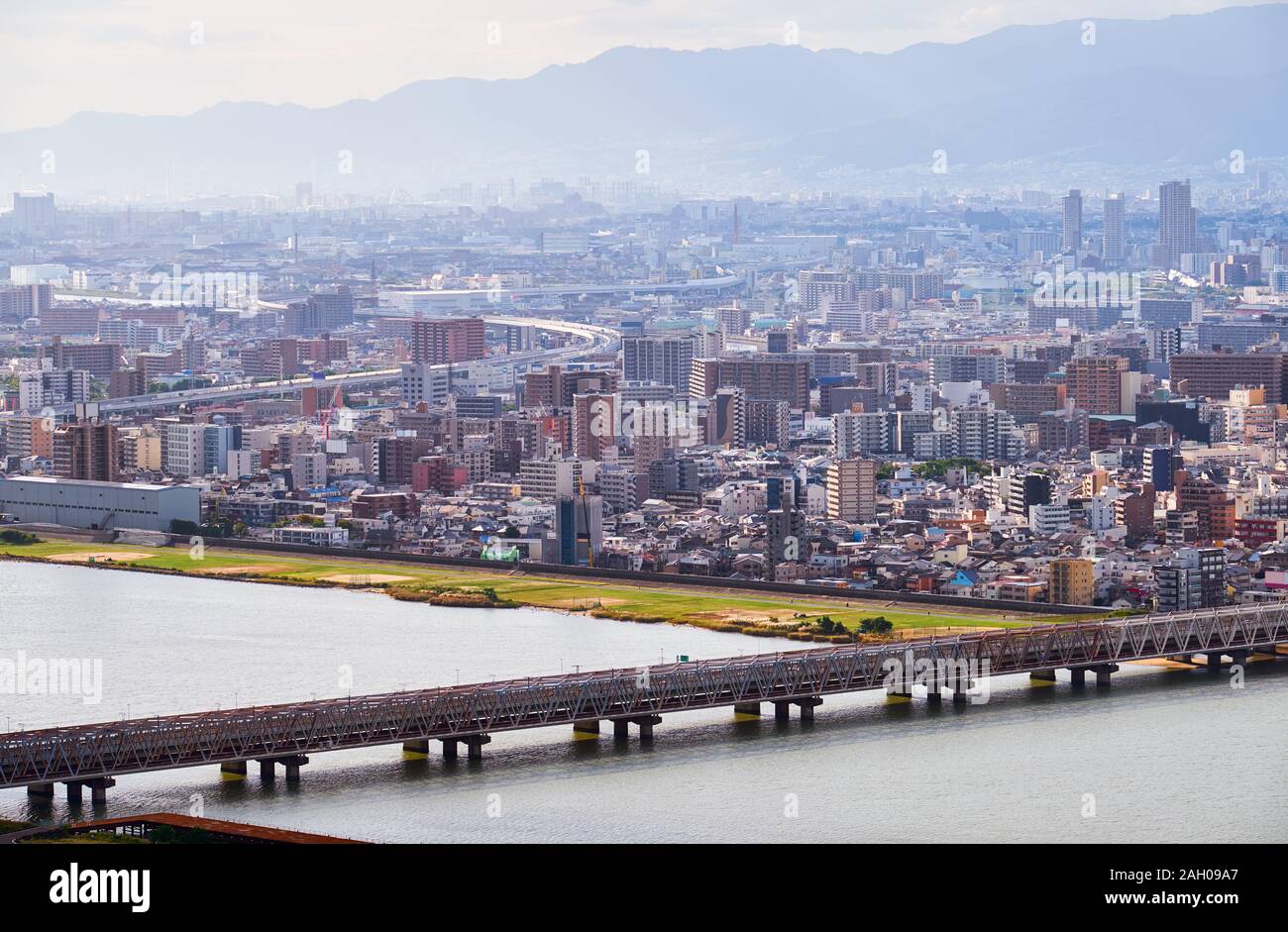The birds eye view of Osaka city with the bridge over  the Yodo River. Osaka. Japan Stock Photo