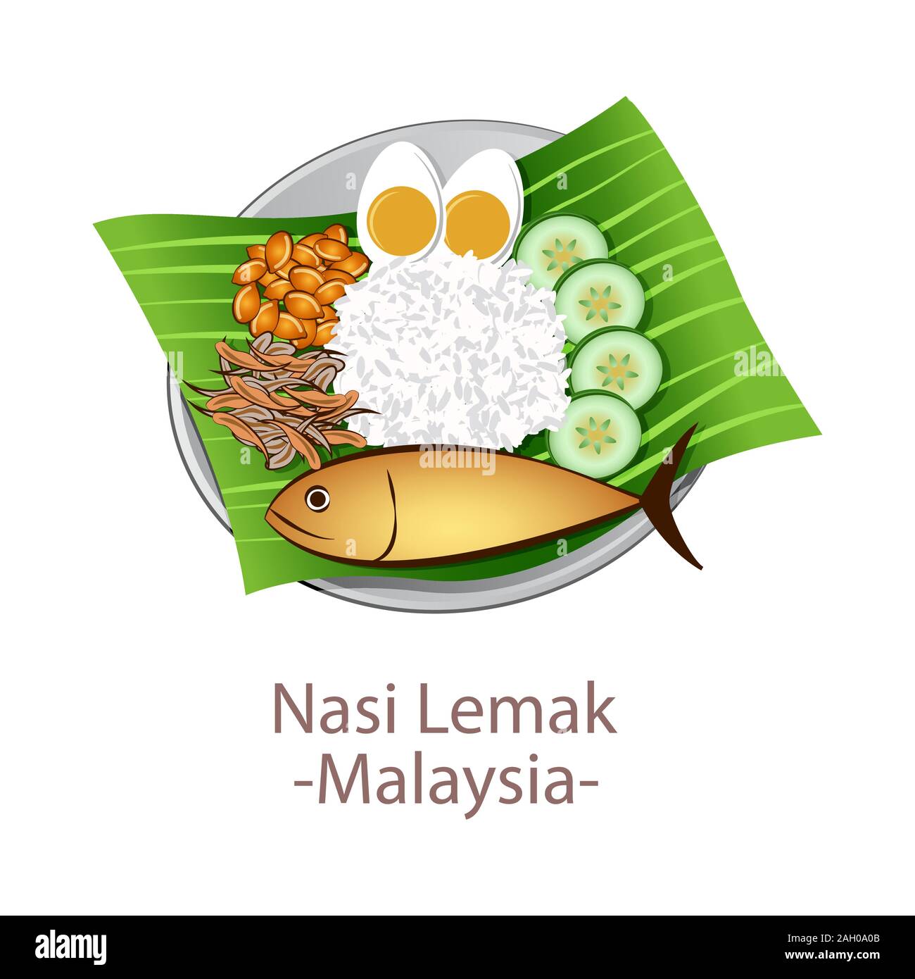 top view of popular food of ASEAN national,Nasi Lemak,in cartoon vector design Stock Vector