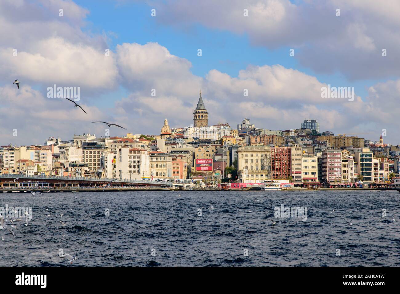 Skyline of Istanbul city with Galata Tower and Galata Bridge, Istanbul, Turkey Stock Photo