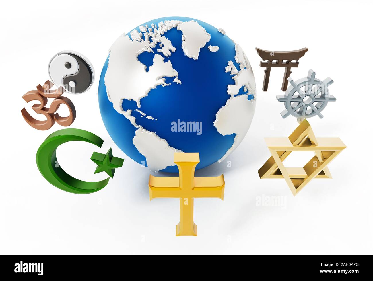 Religion symbols around earth isolated on white background. 3D illustration. Stock Photo