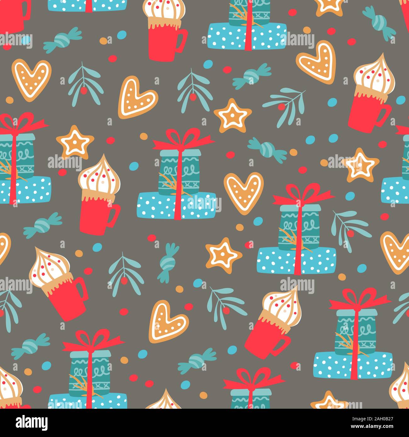 Abstract winter seamless background with holiday's items . Huge pattern