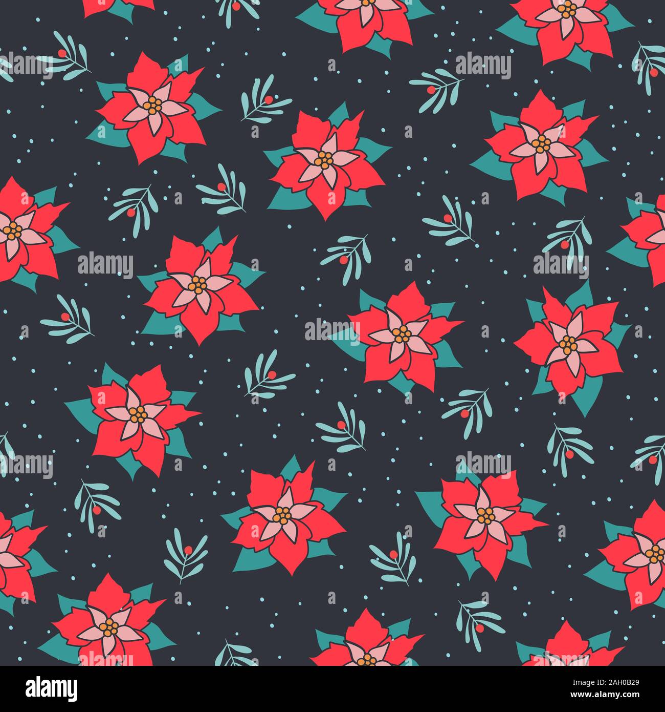 Vector seamless dark background with poinsettia flowers . Abstract pattern Stock Vector