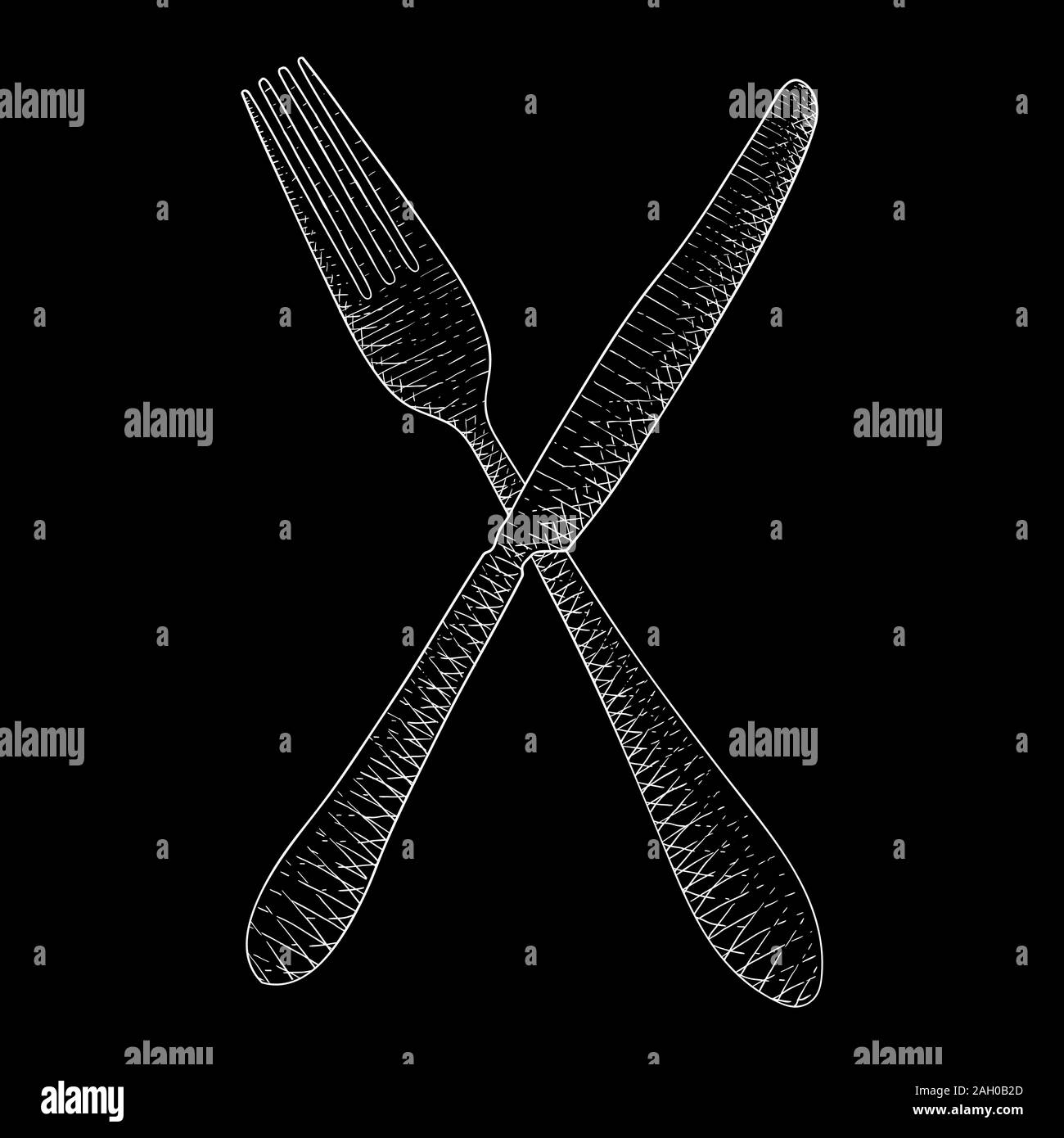 Fork and knife crossed. Hand drawn sketch. Vector illustration on black