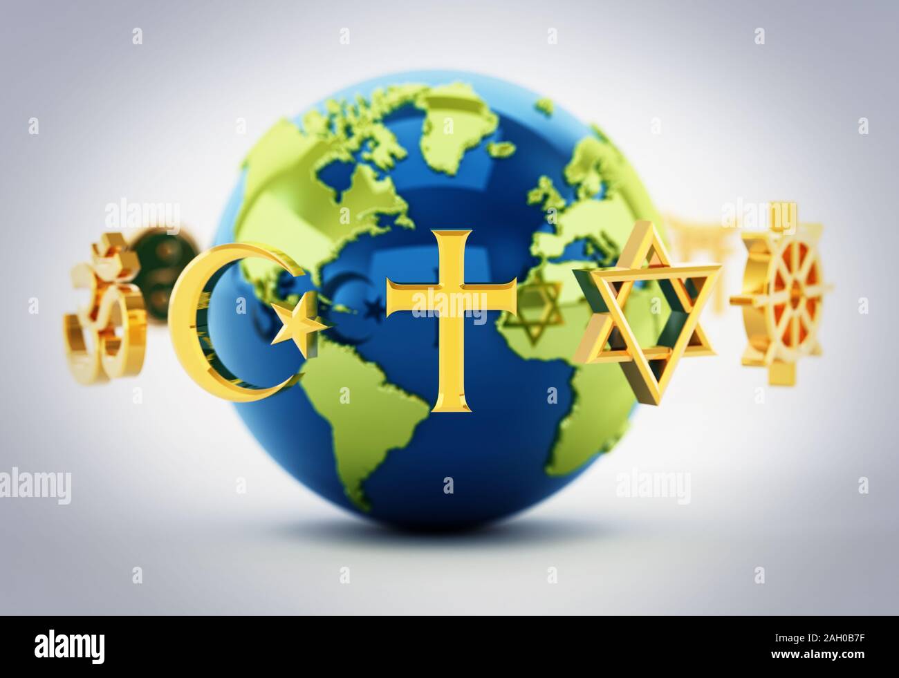 Religion symbols scattered around earth . 3D illustration. Stock Photo