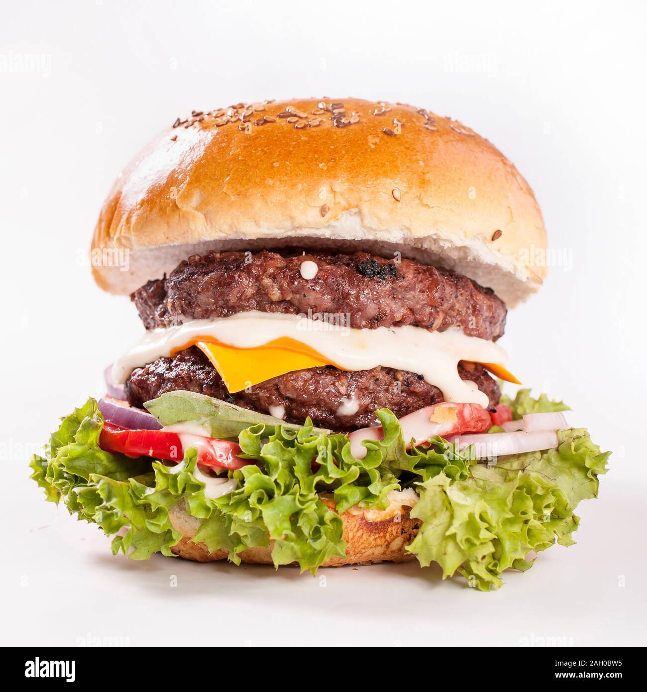 american double cheese hamburger with souce Stock Photo