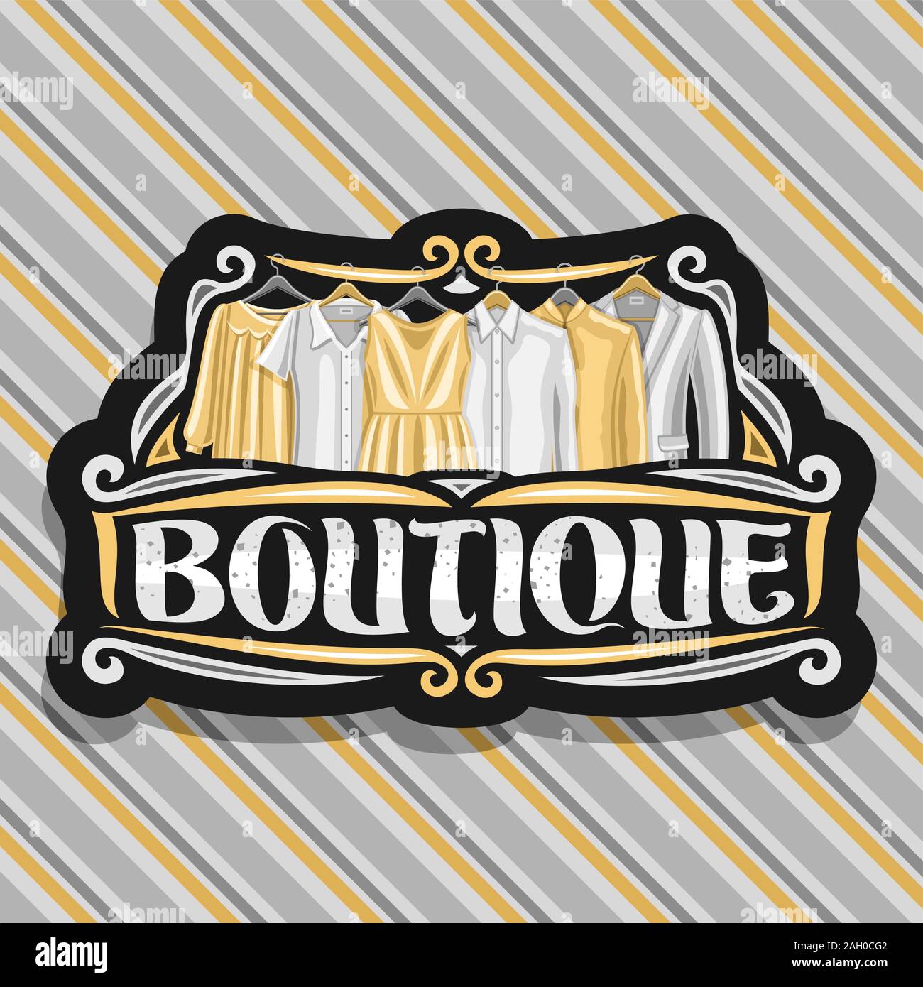 Vector logo for Boutique, black sign board with illustration of women's dresses and grey men's jackets, original brush typeface for word boutique, fas Stock Vector