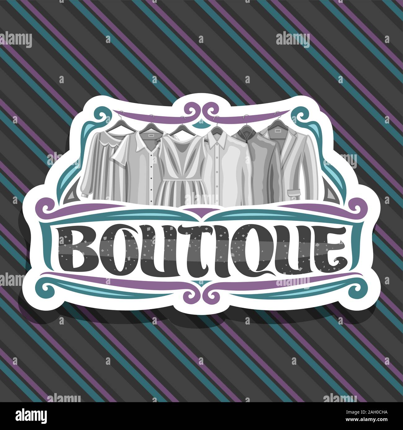 Vector logo for Boutique, cut paper sign board with illustration of women's dresses and men's jackets, original brush lettering for word boutique, fas Stock Vector