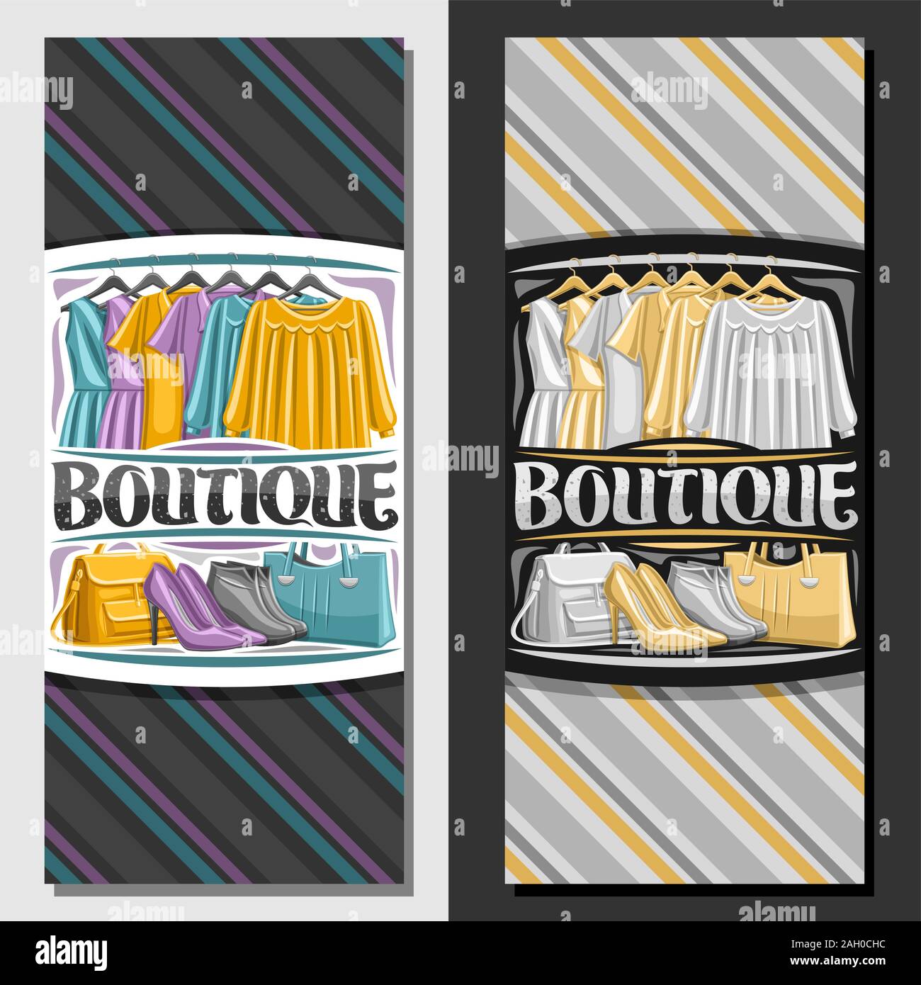 Vector templates for Boutique, brochure with illustration of colorful  women's dresses hanging on rack in a row, decorative brush typeface for  word bou Stock Vector Image & Art - Alamy