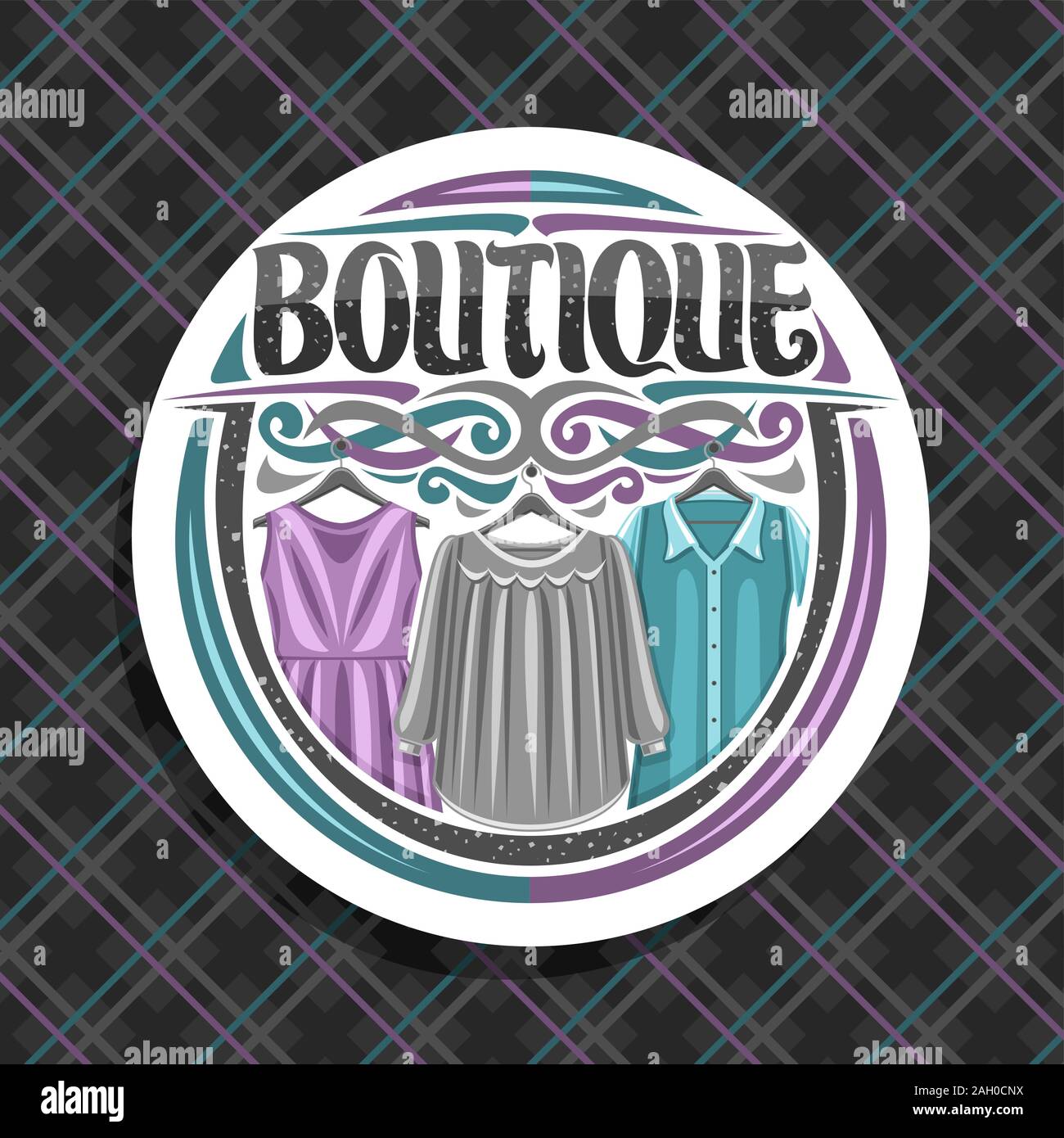 Vector logo for Boutique, white label with illustration of 3 colorful women's dresses, original brush lettering for word boutique and design elements, Stock Vector