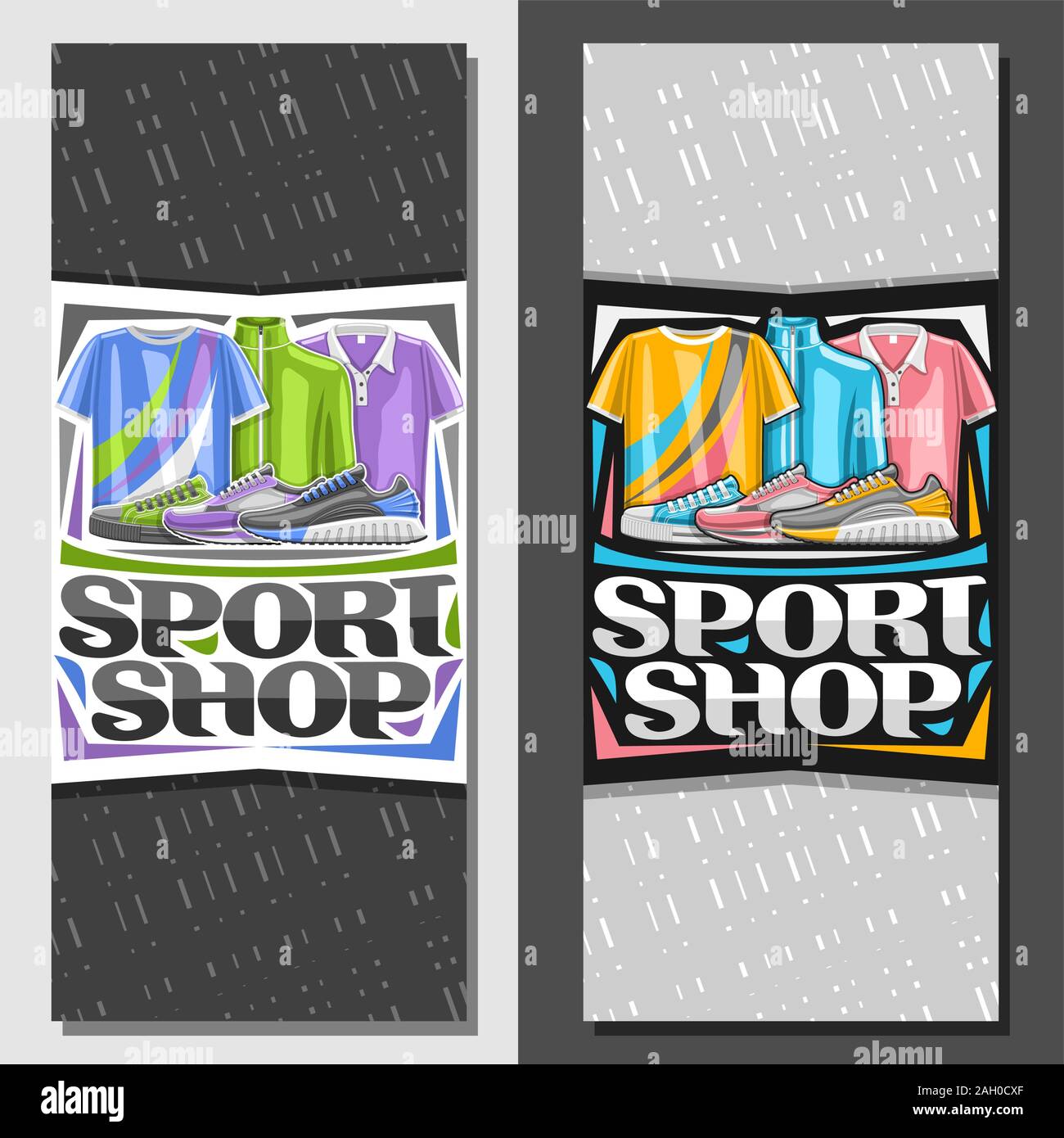 Vector layouts for Sport Shop, brochure with graphic illustration of trendy sports shoes and cotton clothes for activity lifestyle, leaflet with origi Stock Vector