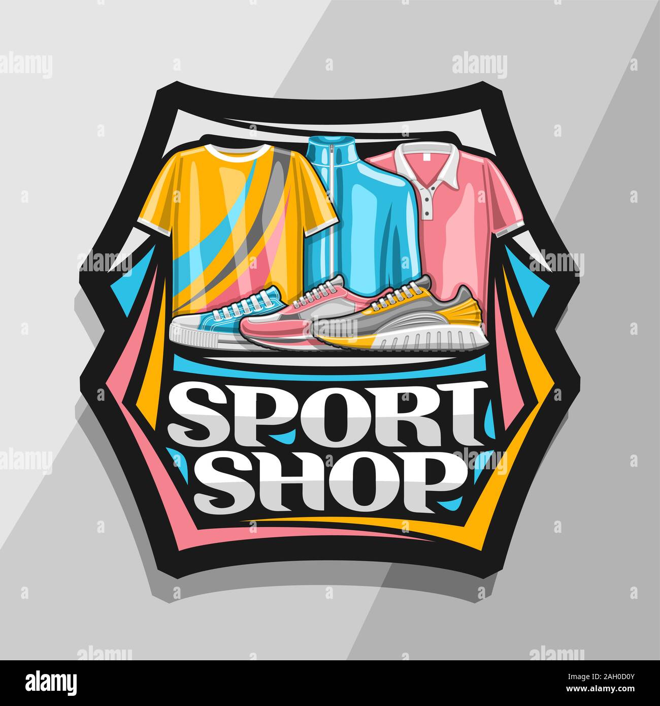Vector logo for Sport Shop, black decorative sign board with illustration  of trendy sports shoes and clothes for activity lifestyle, badge with  origin Stock Vector Image & Art - Alamy