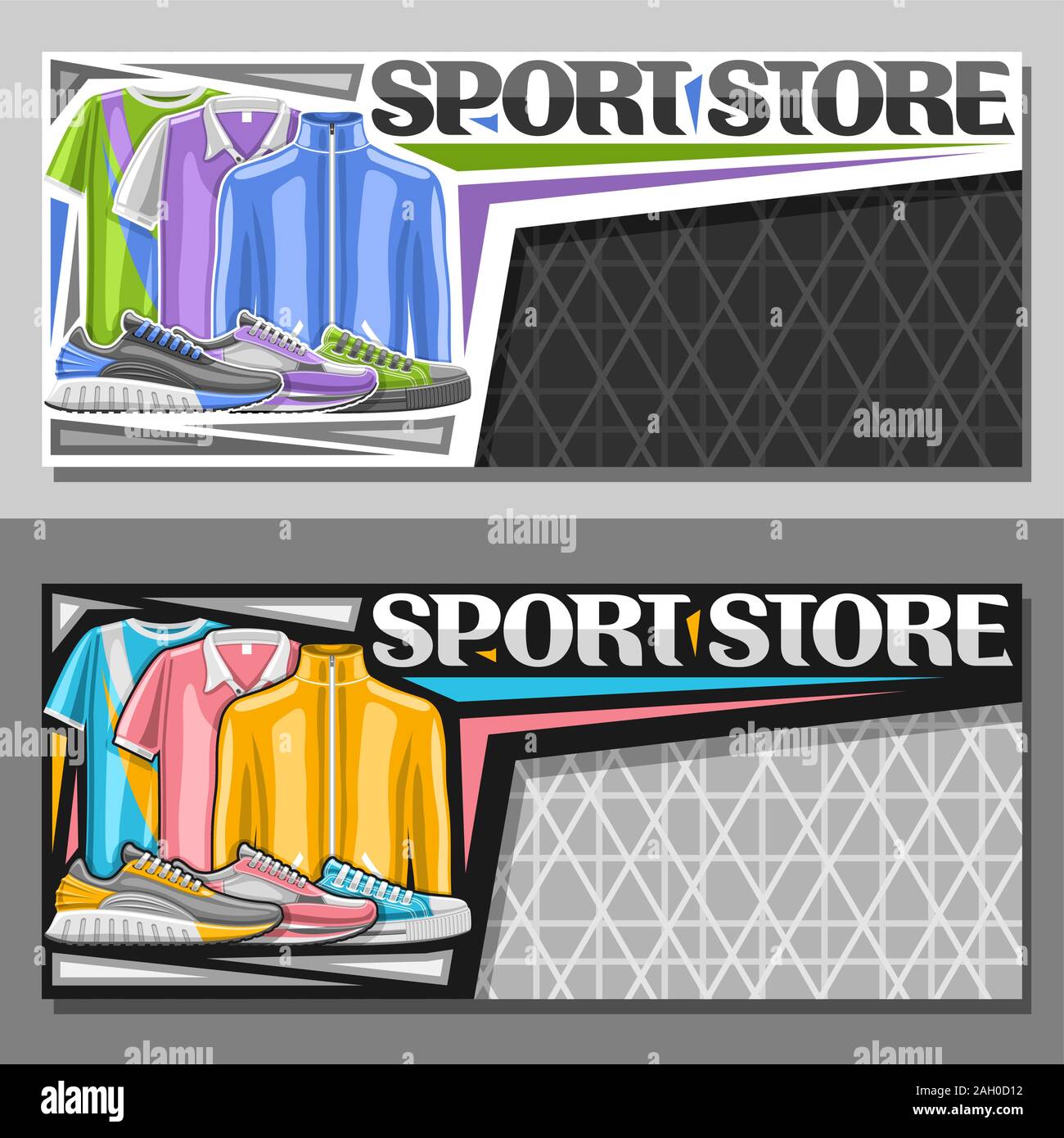 Vector layouts for Sport Store with copy space, sign board with graphic illustration of modern sports shoes and clothes for activity lifestyle, origin Stock Vector