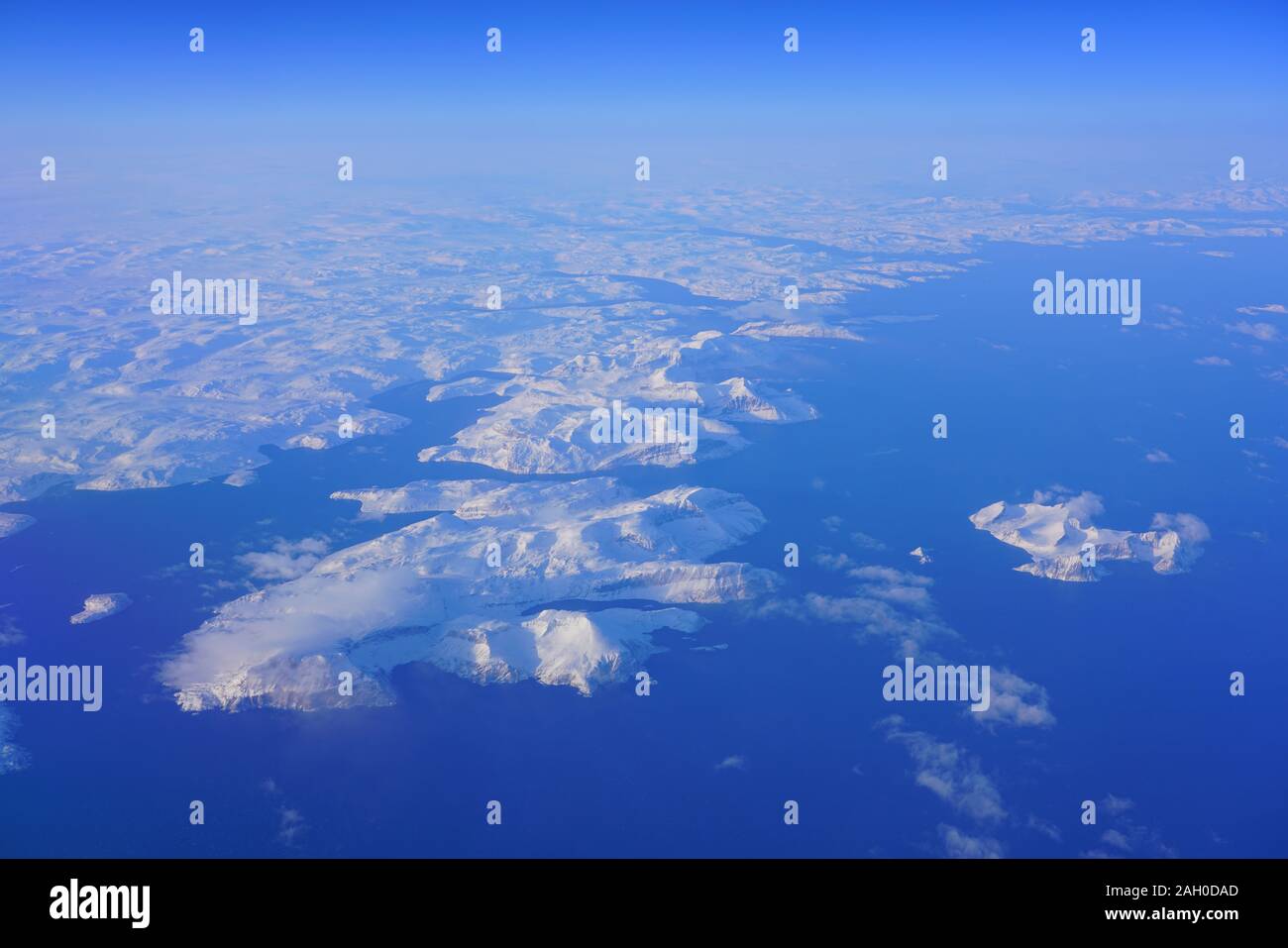 Aerial view of the Labrador Newfoundland area near Nutak and Nain, Canada, covered with ice and snow in winter Stock Photo