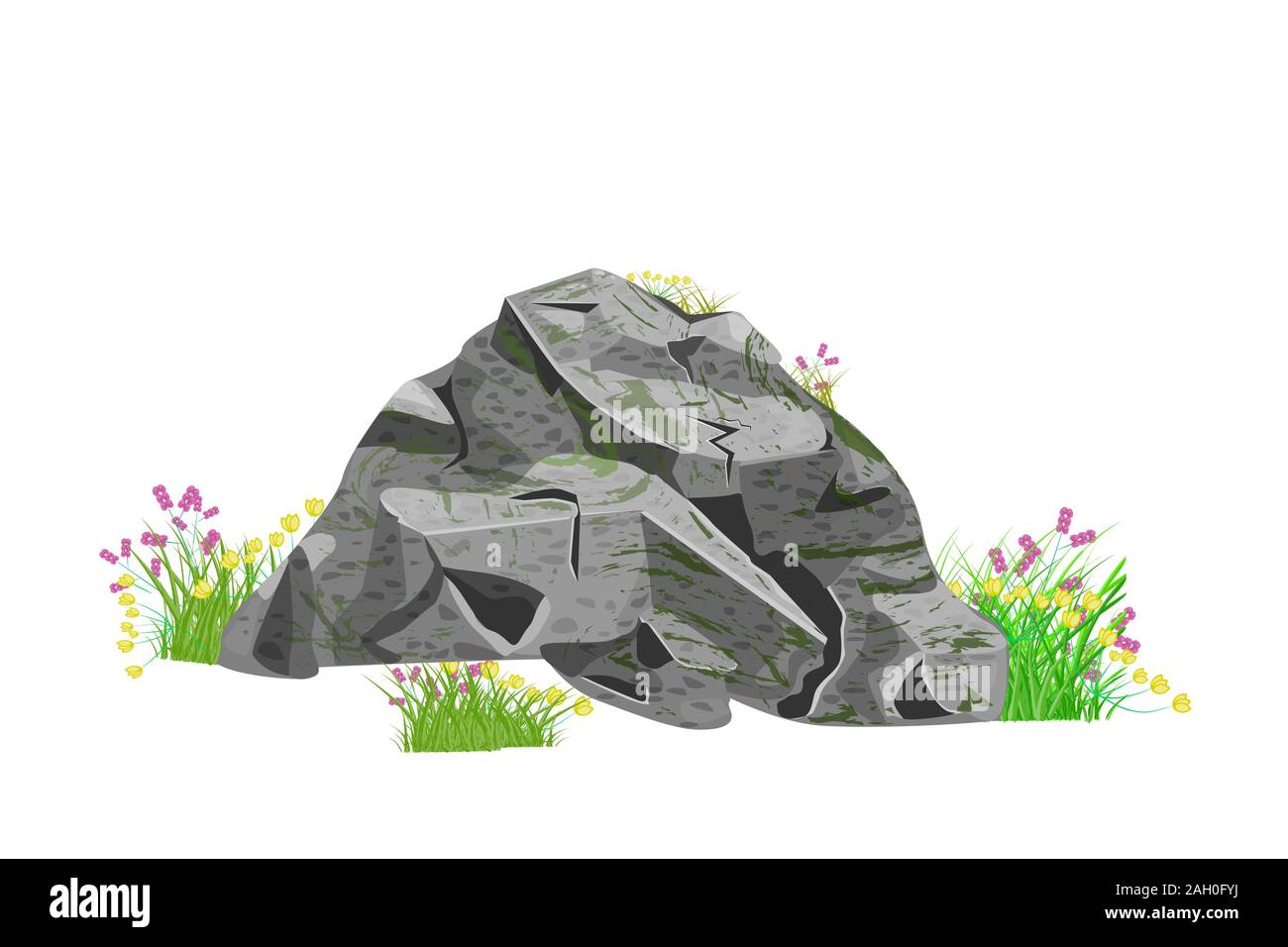 Stones and grass isolated on white background. Cartoon grey natural boulder or rock with grass and flowers. Park or garden, landscape elements. Vector Stock Vector