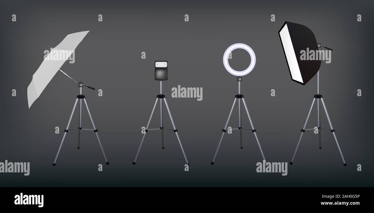 Soft box and umbrella reflectors, flash and circular speed light. Dark background. Photo flash