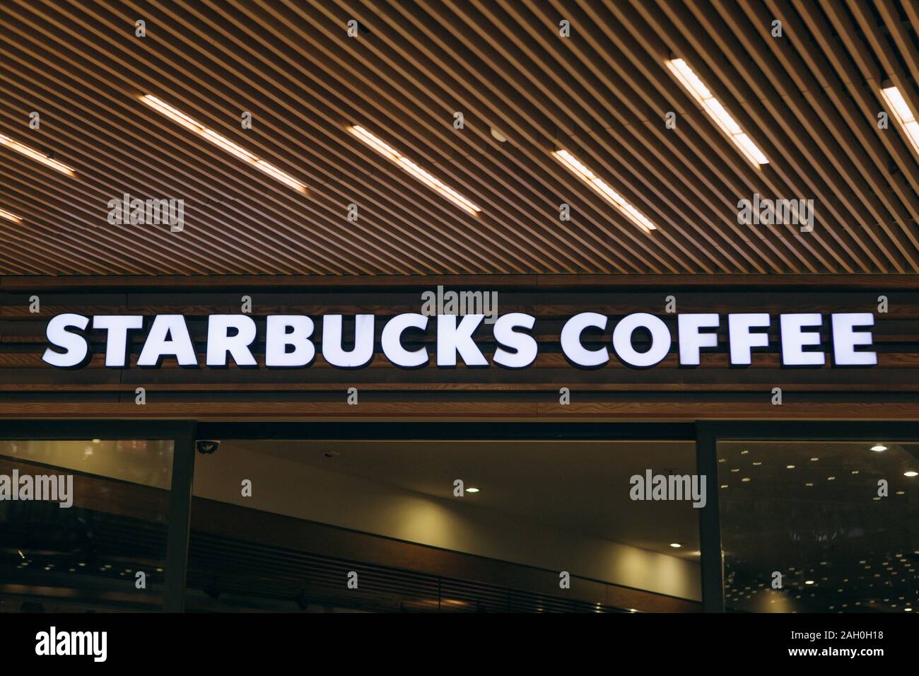 Turkey, Istanbul, December 20, 2019 Starbucks coffee sign at the entrance Stock Photo