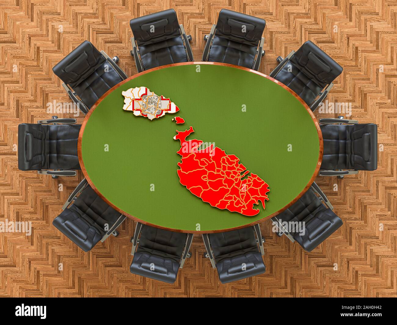 Maltese goverment meeting. Map of Malta on the round table, 3D