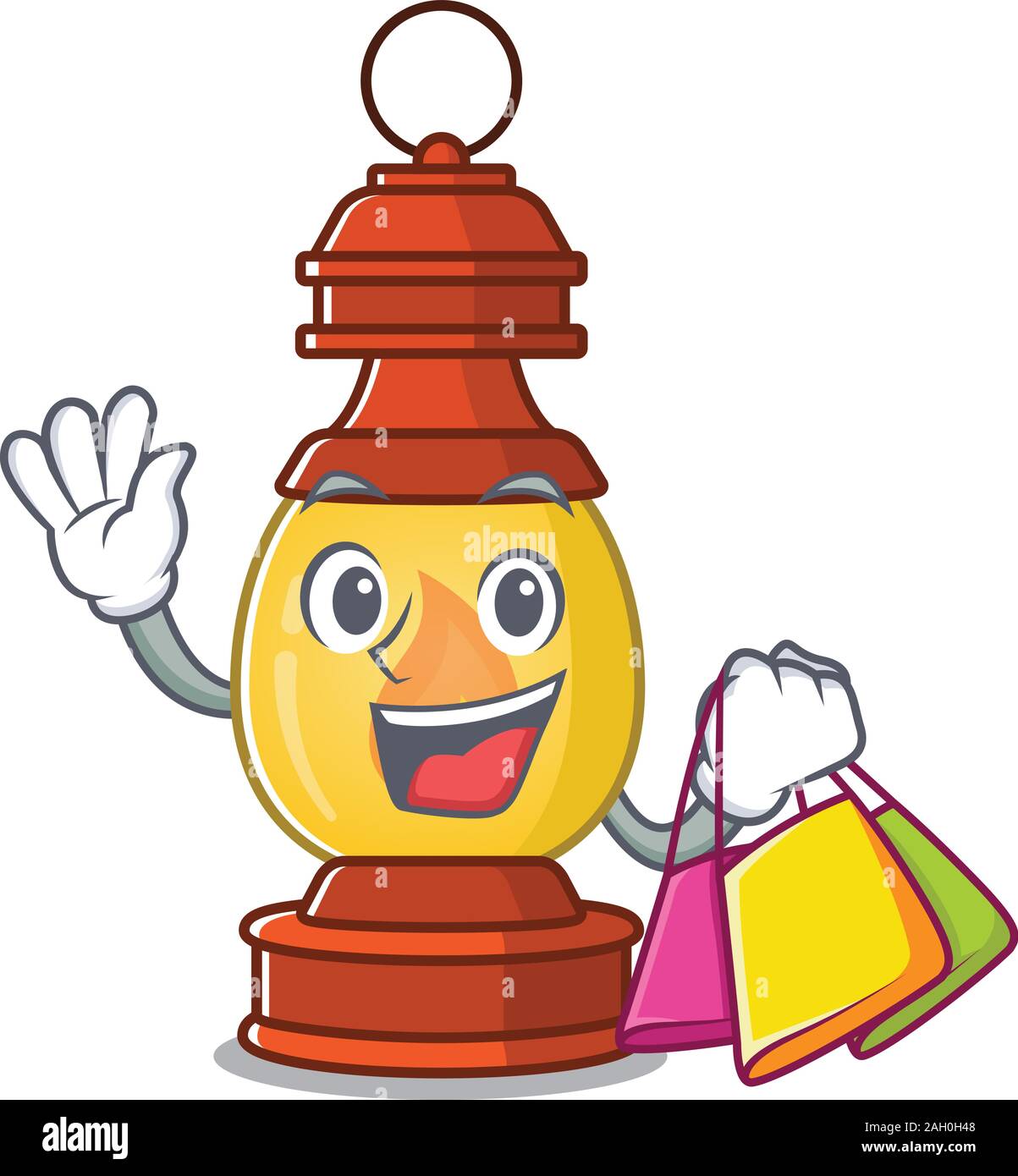 Happy face lantern Scroll mascot style waving and holding Shopping bag Stock Vector