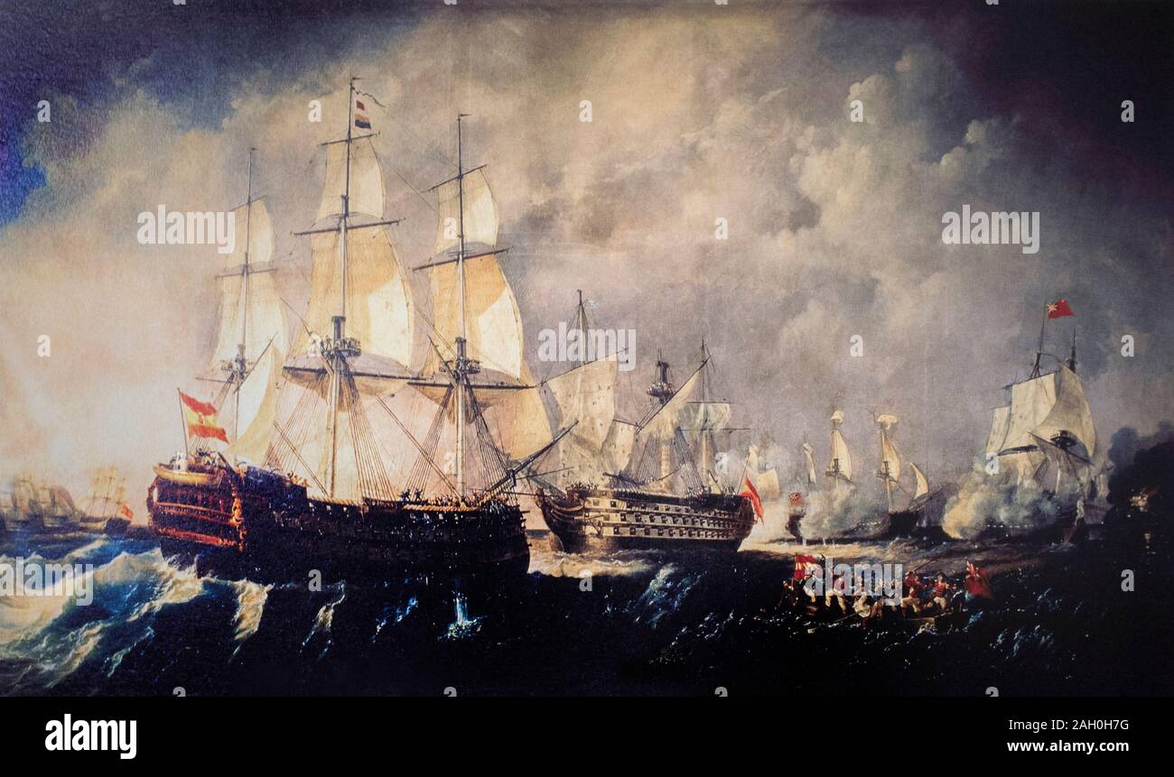 Battle of Cape St Vincent, 1797. Pelayo ship comes to the aid of the Santísima Trinidad. Painted by Antonio de Brugada Vila. Museo Naval de Madrid, Sp Stock Photo