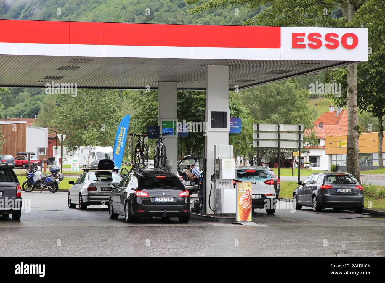 STRYN, NORWAY - JULY 19, 2015: Esso gas station in Stryn, Norway. Esso brand is a part of ExxonMobil oil industry group. Stock Photo