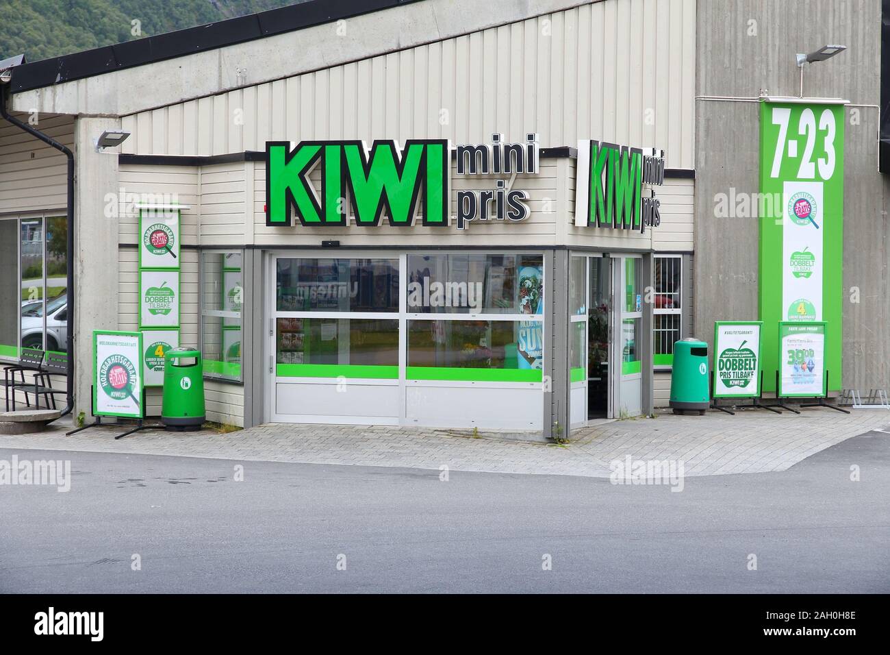 ANDALSNES, NORWAY - JULY 20, 2015: Kiwi Mini Pris supermarket in Andalsnes, Norway. Kiwi is part of NorgesGruppen group. There are 630 Kiwi stores in Stock Photo