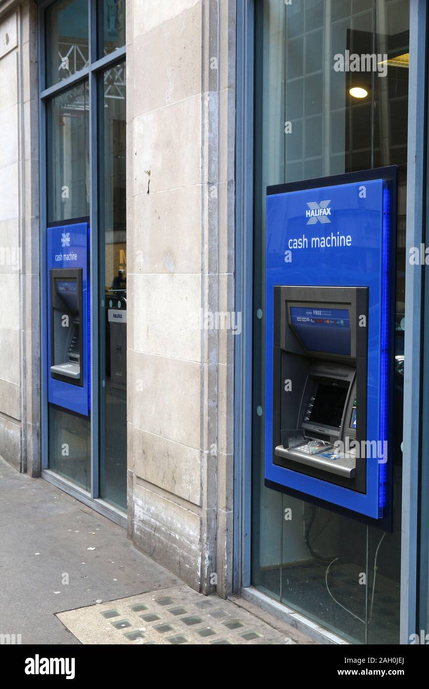 LONDON, UK - APRIL 23, 2016: Halifax Bank branch in London, UK. Halifax is part of Lloyds Banking Group, one of largest banking corporations in Europe Stock Photo