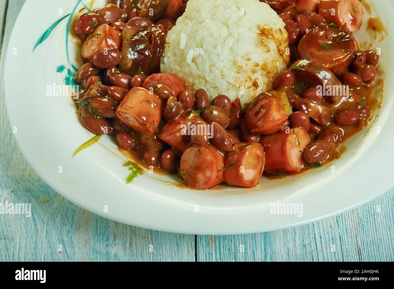Chicken Andouille Sausage with Red Beans and Rice close up Stock Photo