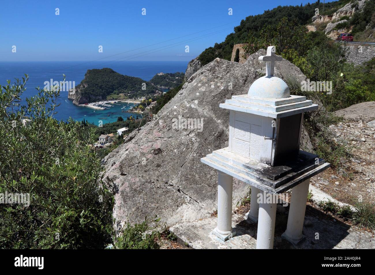 Greek island landscape. Paleokastritsa on Corfu island, Greece. Ionian Sea coast in summer. Stock Photo