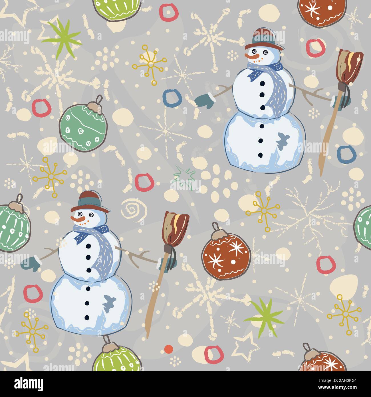 Seamless Pattern with snowman on green background. Vector Illustration Stock Vector
