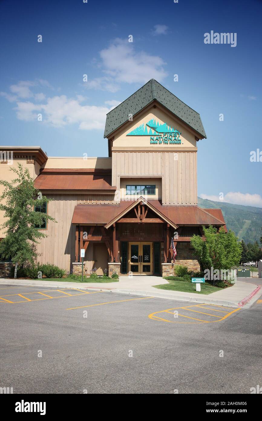 STEAMBOAT SPRINGS, COLORADO - JUNE 19, 2013: First National Bank of the Rockies in Steamboat Springs, Colorado. FNBR exists since 1904 and serves nort Stock Photo