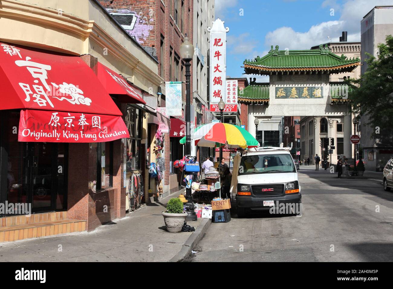 BOSTON, USA - JUNE 8, 2013: People visit Chinatown in Boston. Boston's Chinatown is the only surviving Chinatown district in New England region of Uni Stock Photo