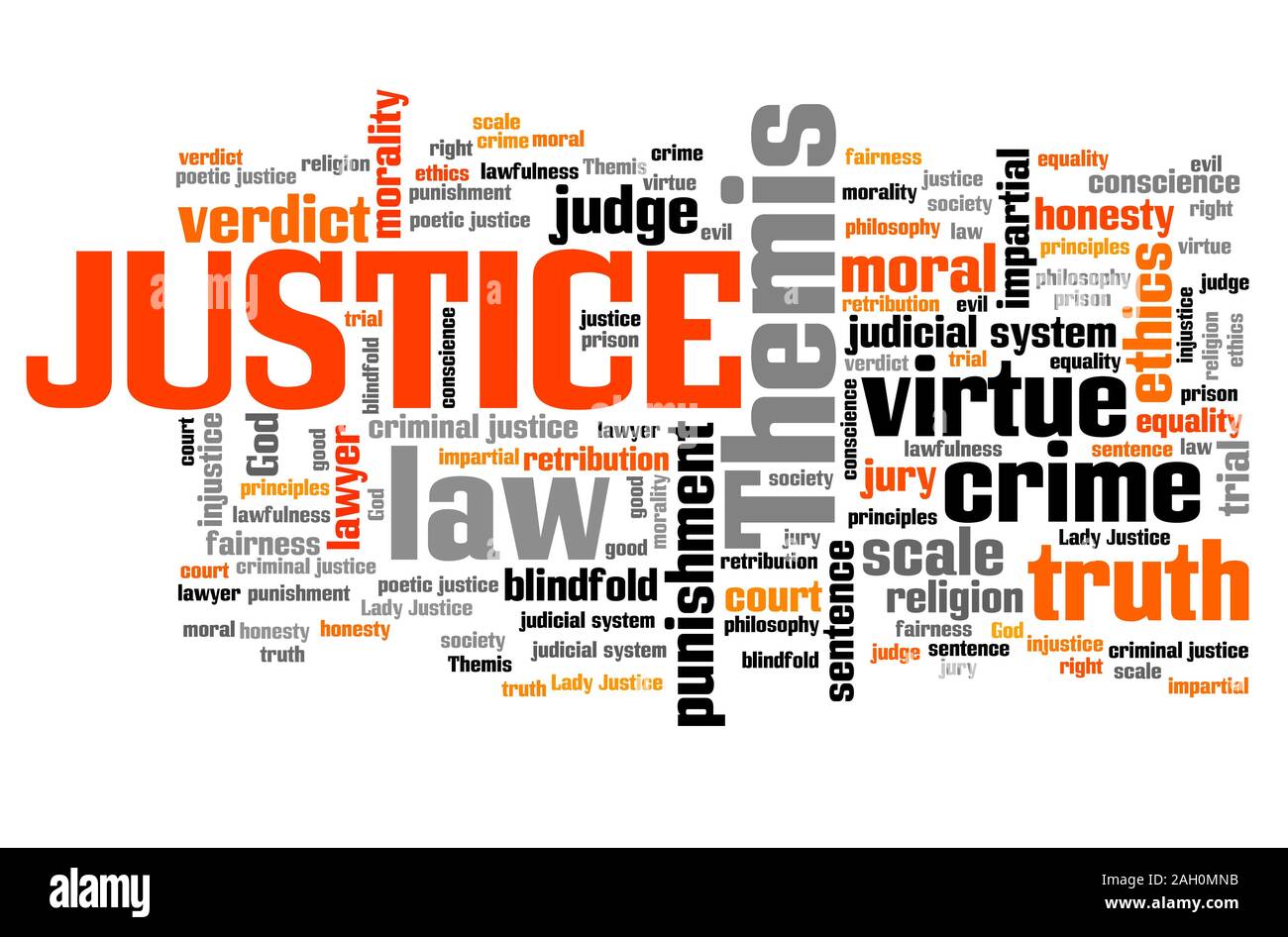 Justice legal issues and concepts word cloud illustration. Word