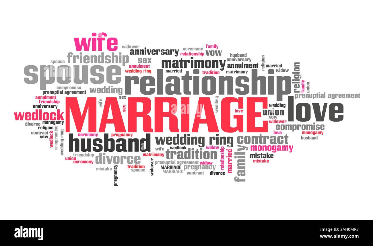 Marriage relationship contract. Marital union. Word cloud sign Stock