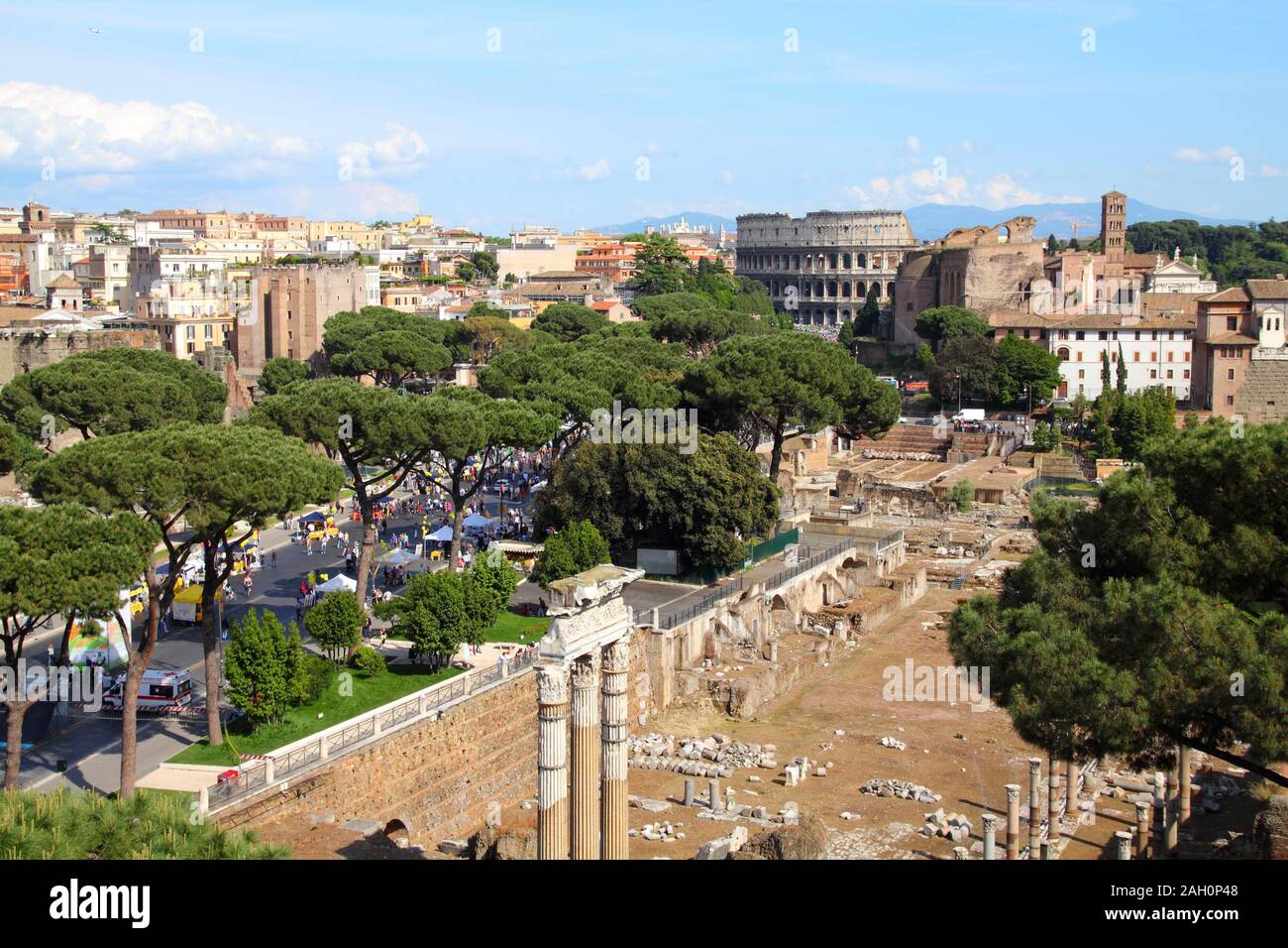 Rome, Italy - skyline with Colosseum and Roman Forum Stock Photo