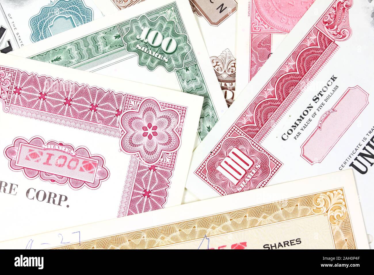 Shares stock market share certificates from 1950s. Investment and