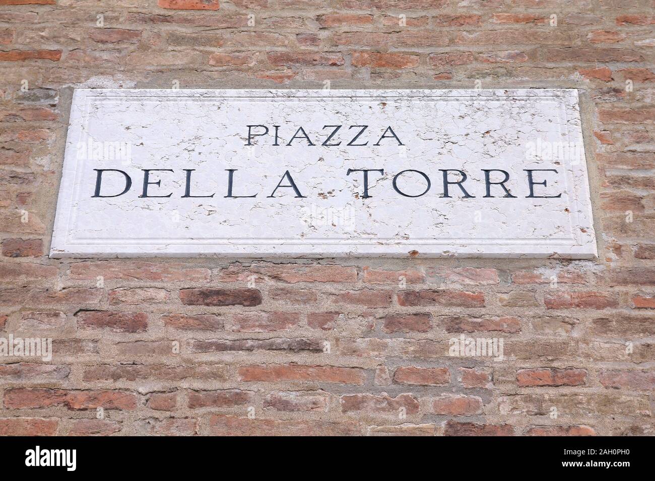 Modena, Italy - Emilia-Romagna region. Square name sign - Piazza Della Torre. Stock Photo